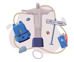 Travel and Tourism Attribute with Christ the Redeemer Statue as City Landmark and Backpack Composition vector