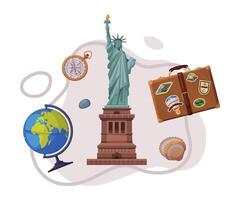 Travel and Tourism Attribute with Statue of Liberty as City Landmark and Globe Composition vector