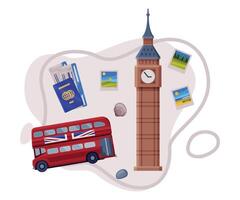 Travel and Tourism Attribute with London Tower as City Landmark and Double Deck Bus Composition vector