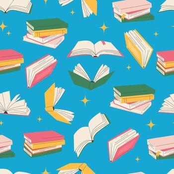 Book stack. Cute seamless book pattern. Flat style reading back to school pattern. Open book vector