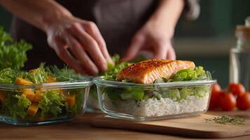 Woman Packing Salad and Salmon with Rice into Containers photo