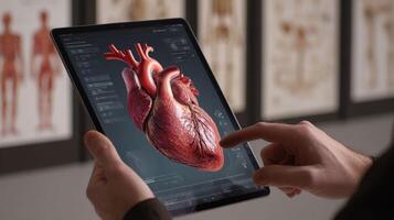 Student Using a Tablet to Review a 3D Model of the Human Heart photo