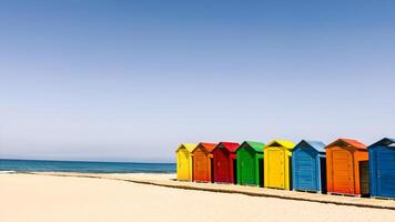 Vibrant cabins line on sunny beach in Spain. For travel, summer, or vacation concepts in web or print for travel backgrounds. Copy space for text. photo