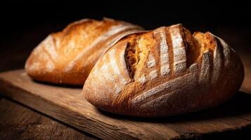 Delicious bread loaf resting on grainy wooden table bread photography photo