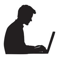 A boy typing on a laptop silhouette illustration vector