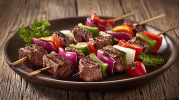 Grilled beef skewers with colorful vegetables photo