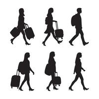 Travelers with suitcase walk pose silhouette illustration vector