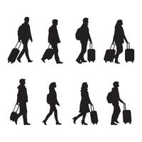 Collection of travelers with suitcase walk pose silhouette illustration vector