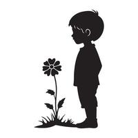 A kid standing near a flower silhouette illustration vector