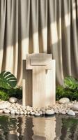 Elegant marble pedestal placed among natural pebbles, lush greenery, and water with soft curtain backdrop conveying botanical serenity. photo