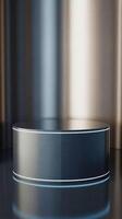 Sleek futuristic metallic pedestal highlighted under ambient abstract lighting perfect for showcasing technology inspired design concepts. photo