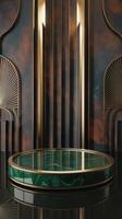 Stylish Art Deco interior featuring rich green marble surfaces paired with metallic bronze accents in a luxurious design atmosphere. photo