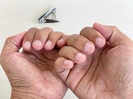 Hands poised for grooming with nail clippers suggest self care and personal hygiene routine. photo