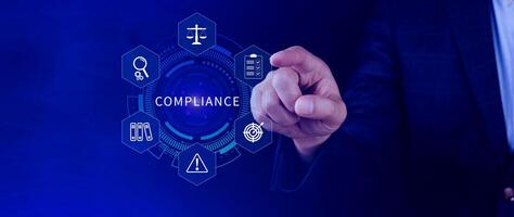 Compliance. Compliance concept with icons and text. Regulations, law, standards, requirements, Rule, audit diagram on virtual screen, Business internet technology photo