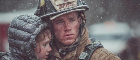 Heroic Caucasian firefighter rescuing young girl in heavy snowfall Brave fireman saving child during winter storm Concept of bravery, rescue, and community service photo
