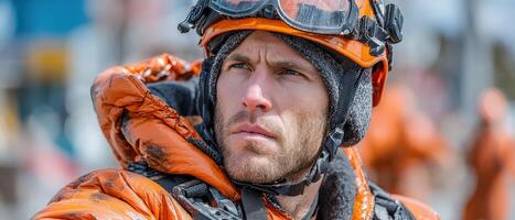 Focused Caucasian man in orange rescue jacket and helmet looking determined Concept of search and rescue, emergency services, and mountain safety photo