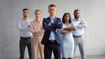 A group of five multiethnic business professionals poses confidently in a contemporary office environment. They showcase a united front, exuding professionalism and success. video