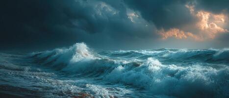 Dramatic seascape with crashing waves under stormy sky at sunset Powerful ocean waves creating sea foam and turbulent water Concept of nature, weather, and seascape photo