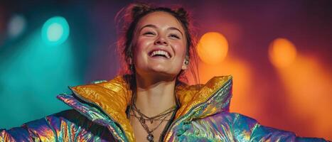 Smiling Caucasian woman in iridescent puffer jacket with layered necklaces, illuminated by vibrant stage lights Concept of music performance, youth culture, and positive energy photo