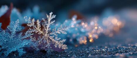 Macro shot of delicate snowflake with intricate details on a sparkling surface, illuminated by soft bokeh lights Concept of winter, Christmas, and natural beauty photo