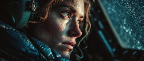Focused Caucasian woman pilot in cockpit during rainy weather Female aviator wearing headset inside airplane cabin Concept of determination, aviation, and challenging conditions photo