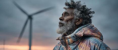 Thoughtful African American senior man looking up at wind turbines at dusk Concept of renewable energy, sustainability, and environmental awareness photo