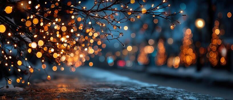 Festive winter night scene with bokeh lights on tree branches creating a magical Christmas atmosphere and holiday spirit photo