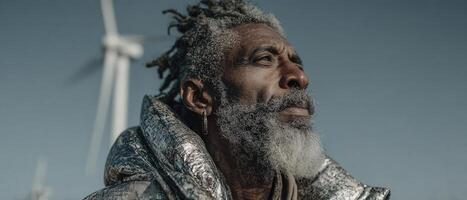 Thoughtful African American senior man with silver beard looking up at wind turbines Concept of renewable energy, sustainability, and environmental awareness photo