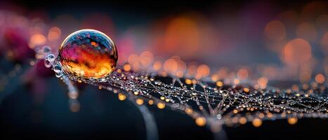 Captivating dew drops on spiderweb reflecting colorful bokeh lights in the morning Macro shot of water droplets creating abstract art and natures beauty photo
