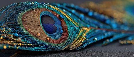 Closeup of iridescent peacock feather with water droplets, showcasing vibrant colors and intricate details Concept of nature, beauty, and exotic elegance photo