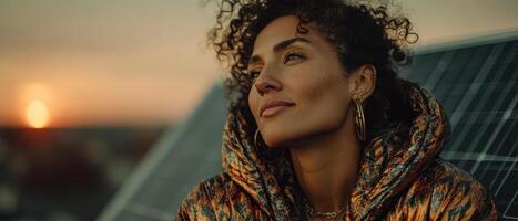 Thoughtful African American woman looking at sunset with solar panel Concept of sustainable energy, renewable power, and environmental awareness photo