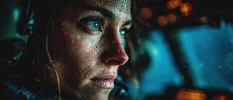 Determined Caucasian woman pilot in cockpit with sweat, focused on flying during night flight Concept of aviation, dedication, and concentration photo