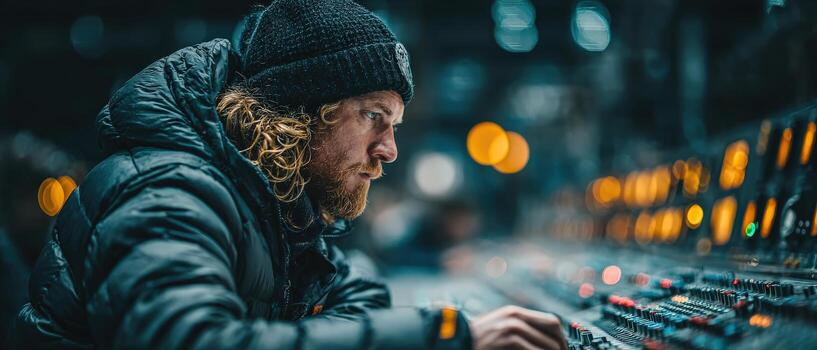 Focused adult man with beard using audio mixing console in recording studio Concept of music production, sound engineering, and creative process photo