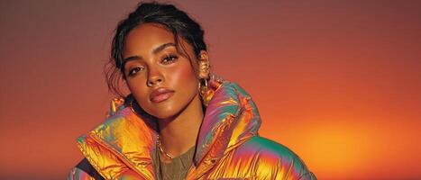 Portrait of a stylish young African American woman in iridescent puffer jacket against a warm sunset backdrop Concept of fashion, beauty, and modern lifestyle photo