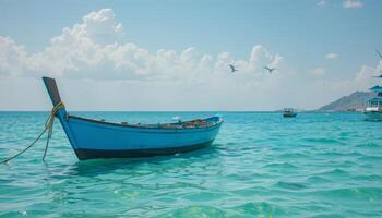A small boat floating on clear, turquoise sea waters near a distant shoreline, under a bright blue sky with some clouds, ideal for travel, adventure, or maritime themes. photo