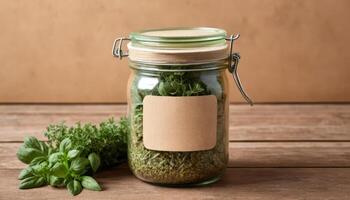 A glass jar filled with dried herbs sits on a wooden surface. Fresh herbs are placed beside the jar. The background is a warm, neutral color. photo