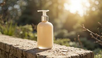 A bottle of lotion or soap with a pump dispenser placed outdoors on a stone surface, illuminated by warm sunlight, evoking a natural, calming atmosphere suited for spa or skincare products. photo