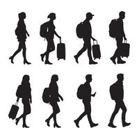 People with suitcase walking pose silhouette illustration vector