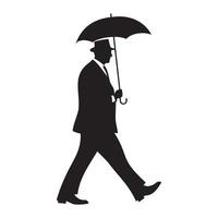 A 1920s businessman walking with an umbrella silhouette illustration vector