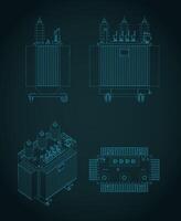 Power three-phase transformer blueprints illustrations vector