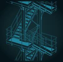 Industrial metal staircase isometric blueprint close-up vector