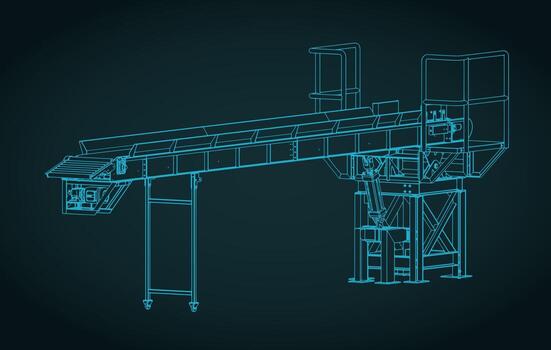 Loading conveyor with hydraulically adjustable angle isometric blueprint illustration vector