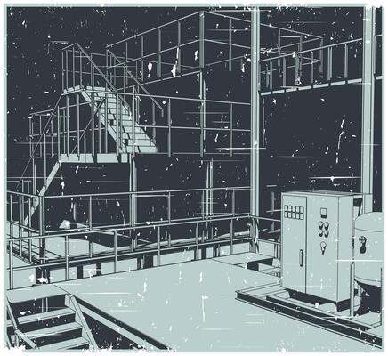 Industrial production interior. Stairs platforms and equipments retro poster illustration