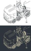 Truck with self loader mounted crane and semi-trailer close-up vector