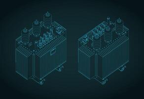 Power three-phase transformer isometric blueprints illustration vector