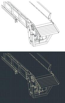 Loading conveyor with hydraulically adjustable angle isometric blueprints close up vector