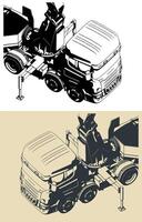 Truck with self loader mounted crane and semi-trailer close up vector