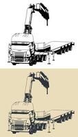 Truck with self loader mounted crane and semi-trailer vector