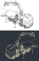 Truck with self loader mounted crane and semi-trailer isometric drawings vector