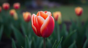 A close up of a red and orange tulip photo